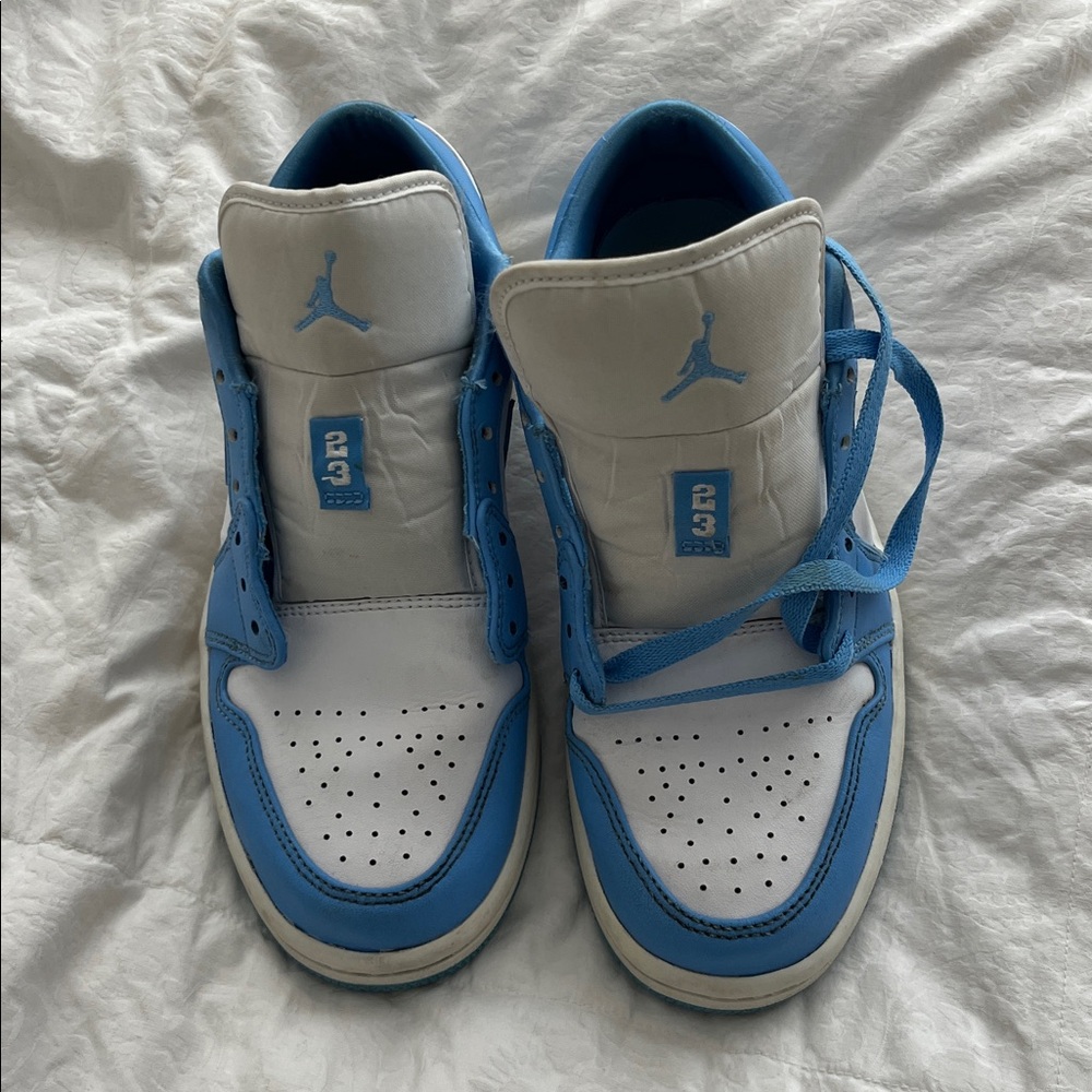 University Blue and White low rise Air 1 Jordan Sneakers